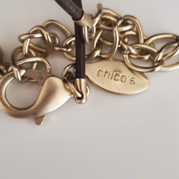 Chico's Gold Silver Copper Hammered Circle Disc Pendant Brown Leather Necklace - Picture 6 of 7